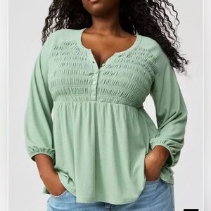 Torrid NWT Smocked Henley Babydoll Mint Green Women's Top Size 1X